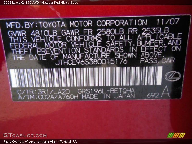 Matador Red Mica / Black 2008 Lexus GS 350 AWD