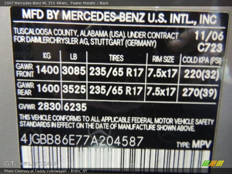 Pewter Metallic / Black 2007 Mercedes-Benz ML 350 4Matic