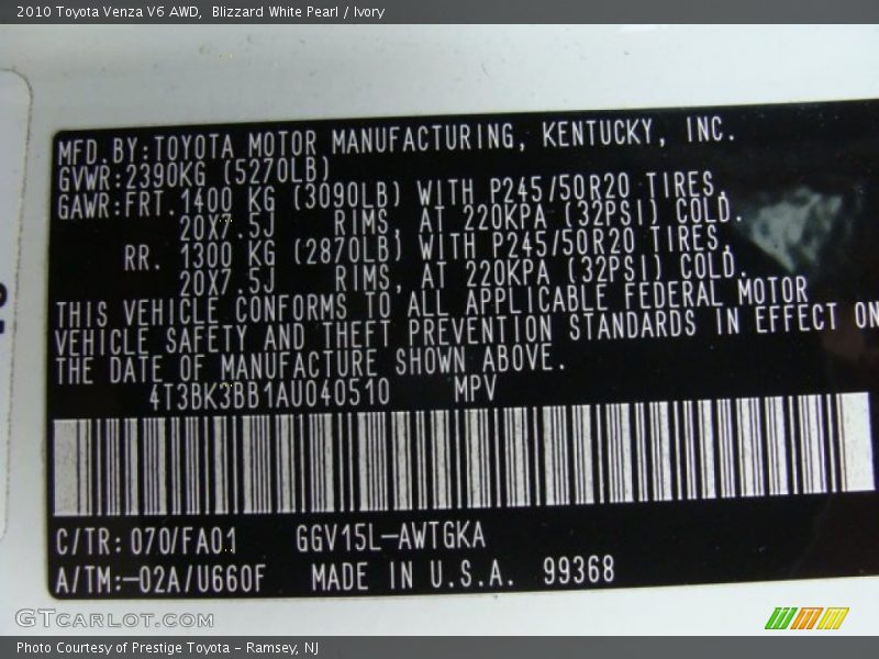 Blizzard White Pearl / Ivory 2010 Toyota Venza V6 AWD
