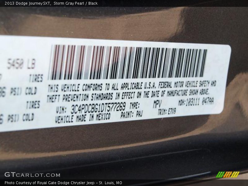 2013 Journey SXT Storm Gray Pearl Color Code PAJ