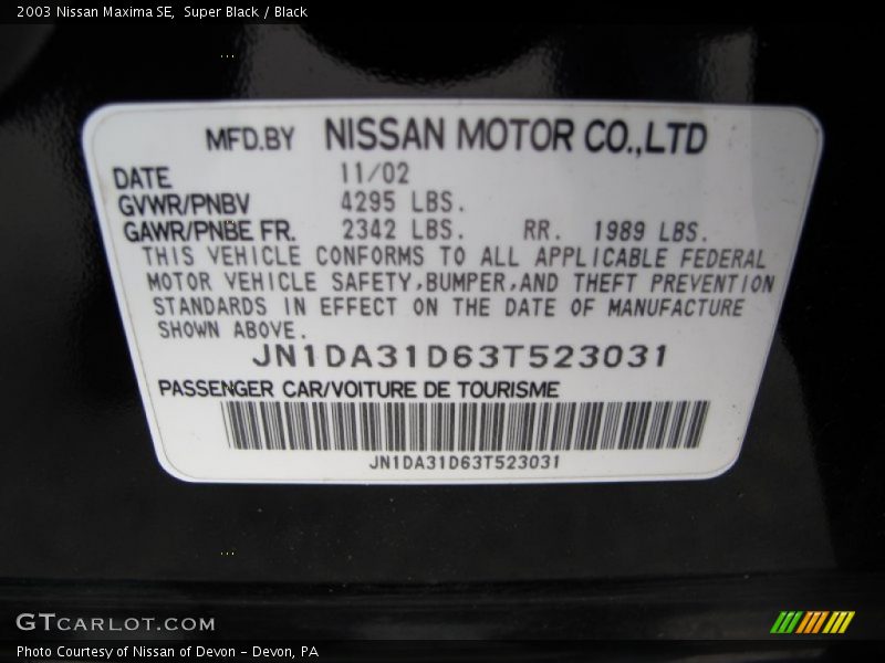 Super Black / Black 2003 Nissan Maxima SE
