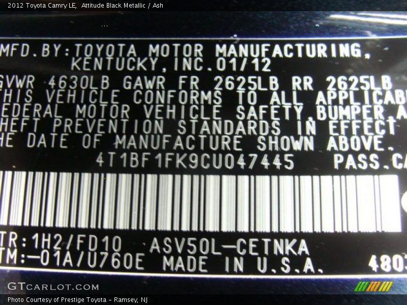 Attitude Black Metallic / Ash 2012 Toyota Camry LE