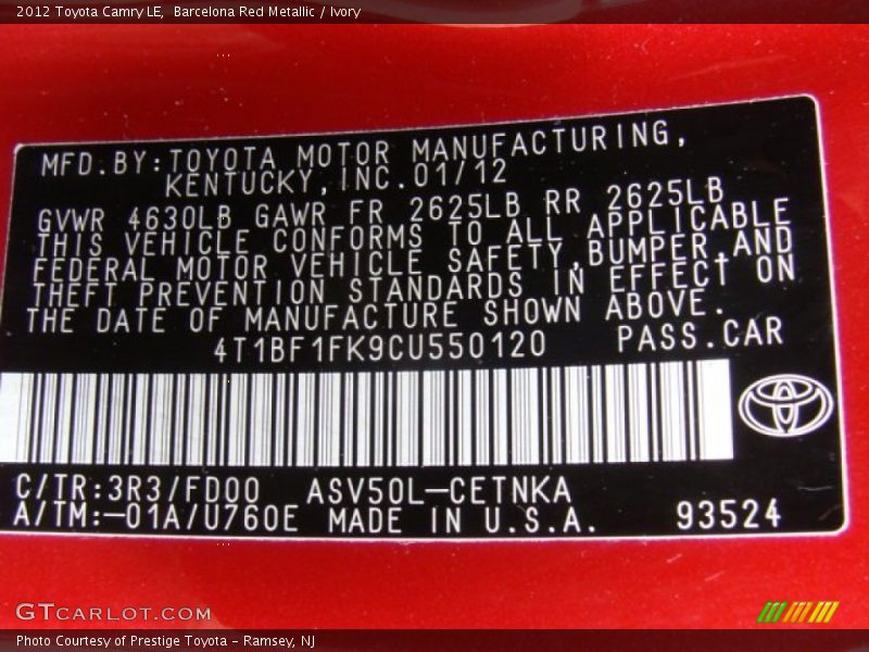 Barcelona Red Metallic / Ivory 2012 Toyota Camry LE