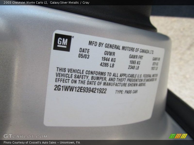 Galaxy Silver Metallic / Gray 2003 Chevrolet Monte Carlo LS