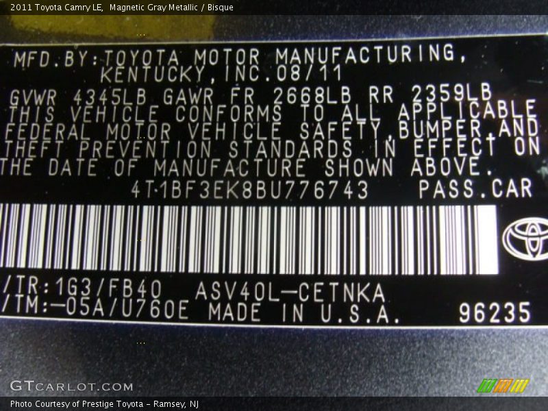 Magnetic Gray Metallic / Bisque 2011 Toyota Camry LE