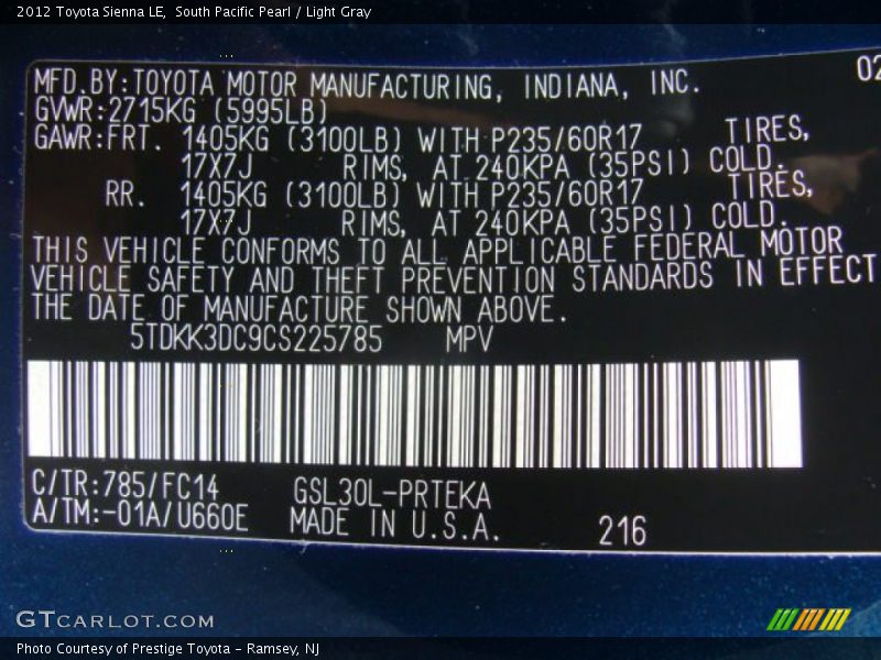 South Pacific Pearl / Light Gray 2012 Toyota Sienna LE