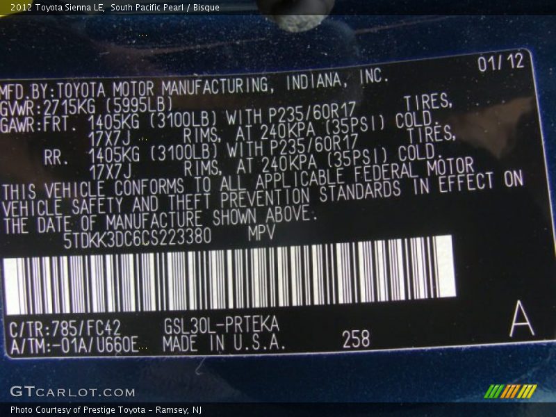 South Pacific Pearl / Bisque 2012 Toyota Sienna LE