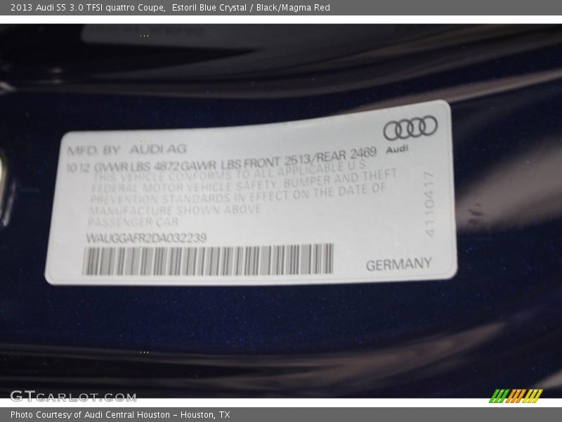 Estoril Blue Crystal / Black/Magma Red 2013 Audi S5 3.0 TFSI quattro Coupe