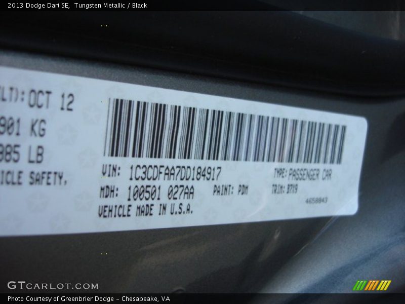 Tungsten Metallic / Black 2013 Dodge Dart SE