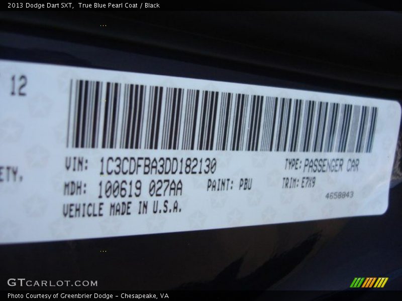 True Blue Pearl Coat / Black 2013 Dodge Dart SXT