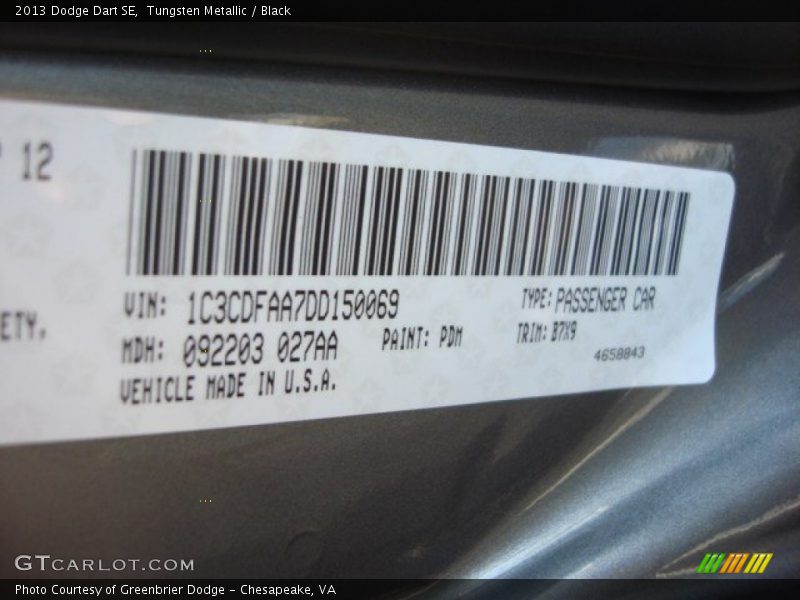 Tungsten Metallic / Black 2013 Dodge Dart SE