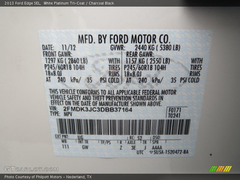 White Platinum Tri-Coat / Charcoal Black 2013 Ford Edge SEL