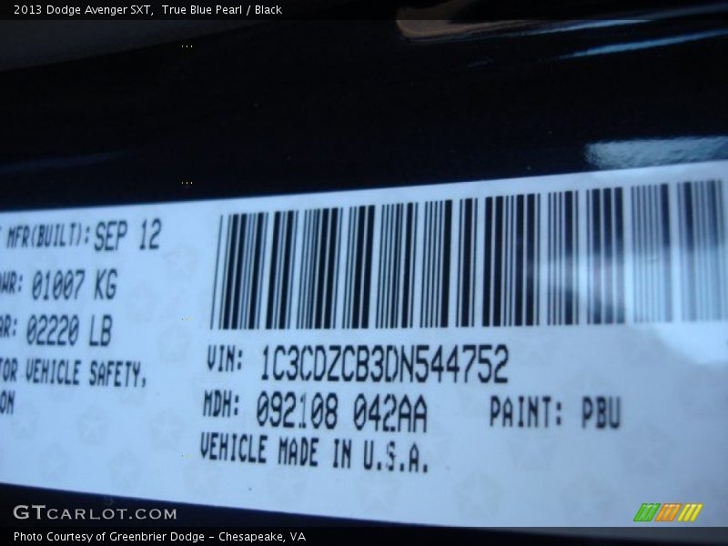 True Blue Pearl / Black 2013 Dodge Avenger SXT
