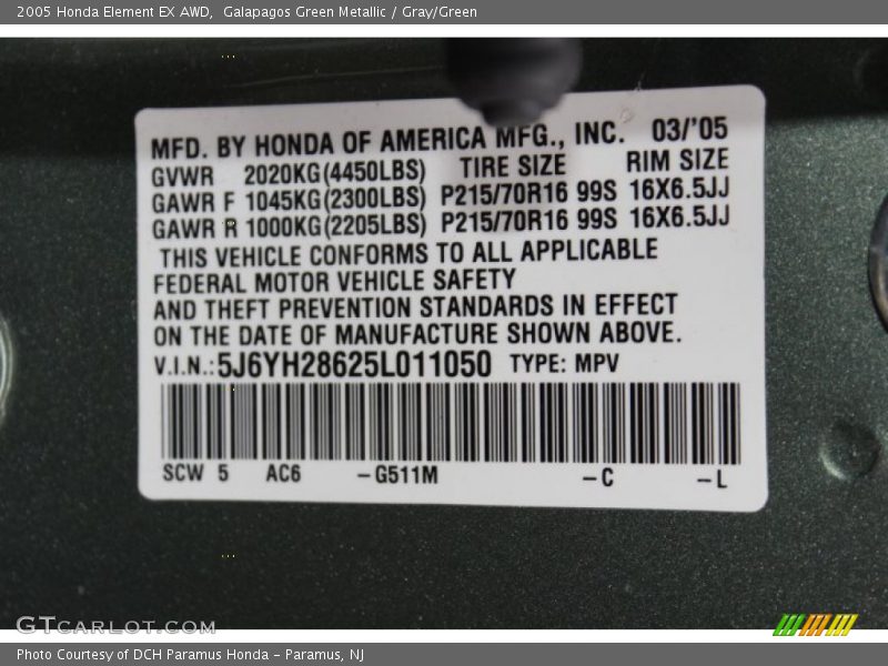 2005 Element EX AWD Galapagos Green Metallic Color Code G511M