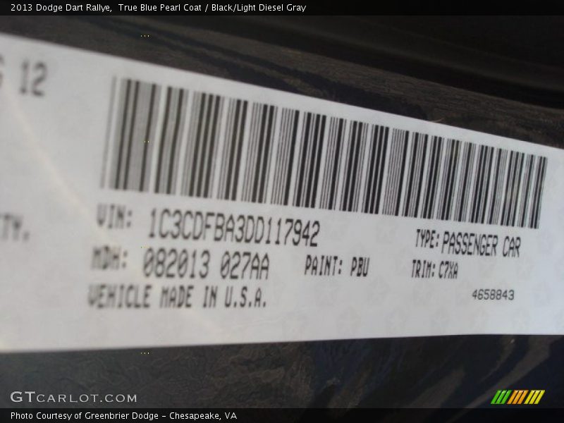 True Blue Pearl Coat / Black/Light Diesel Gray 2013 Dodge Dart Rallye