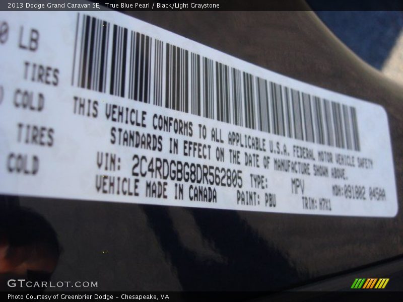 True Blue Pearl / Black/Light Graystone 2013 Dodge Grand Caravan SE