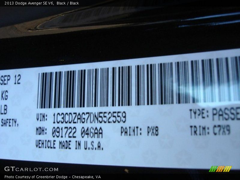Black / Black 2013 Dodge Avenger SE V6