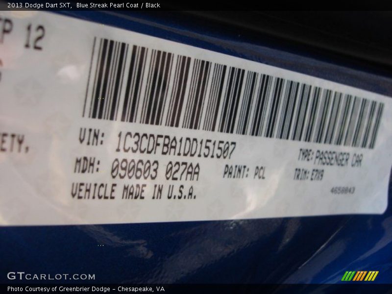 2013 Dart SXT Blue Streak Pearl Coat Color Code PCL