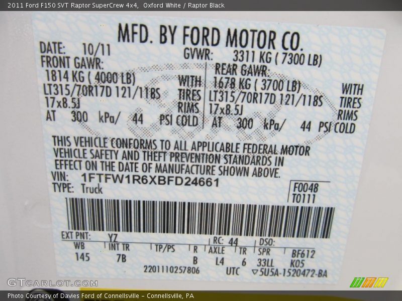 2011 F150 SVT Raptor SuperCrew 4x4 Oxford White Color Code YZ