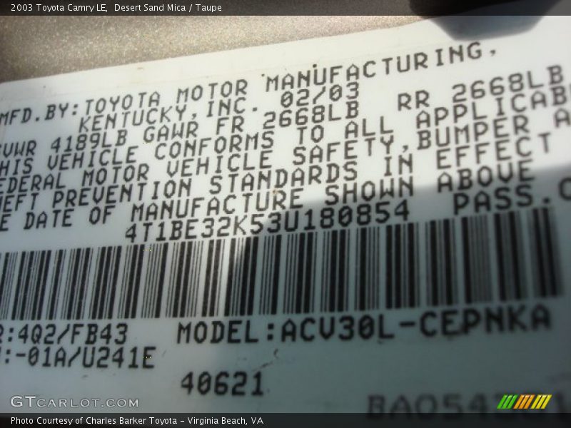 Desert Sand Mica / Taupe 2003 Toyota Camry LE