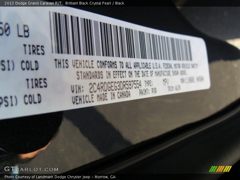 2013 Grand Caravan R/T Brilliant Black Crystal Pearl Color Code PXR