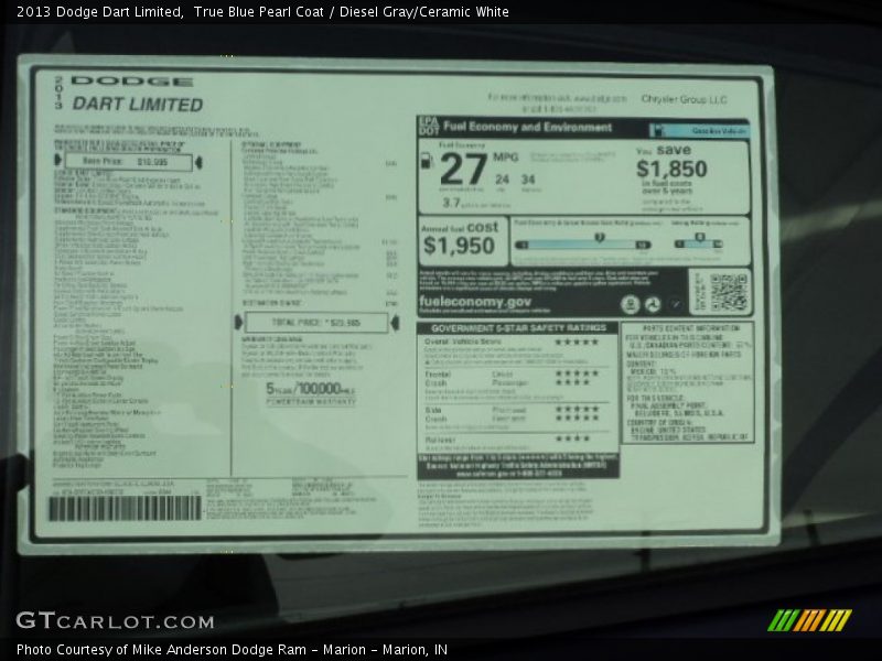 True Blue Pearl Coat / Diesel Gray/Ceramic White 2013 Dodge Dart Limited