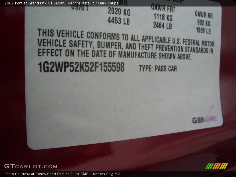 Redfire Metallic / Dark Taupe 2002 Pontiac Grand Prix GT Sedan