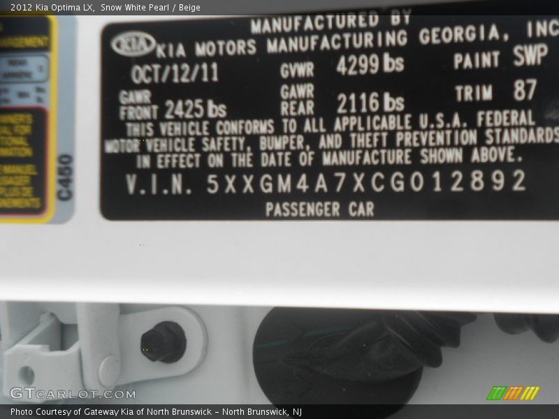 Snow White Pearl / Beige 2012 Kia Optima LX