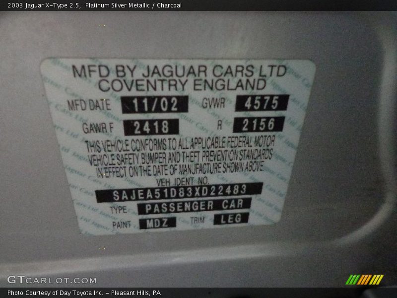 Platinum Silver Metallic / Charcoal 2003 Jaguar X-Type 2.5