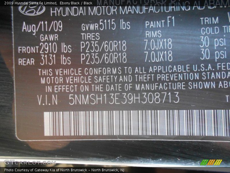 Ebony Black / Black 2009 Hyundai Santa Fe Limited