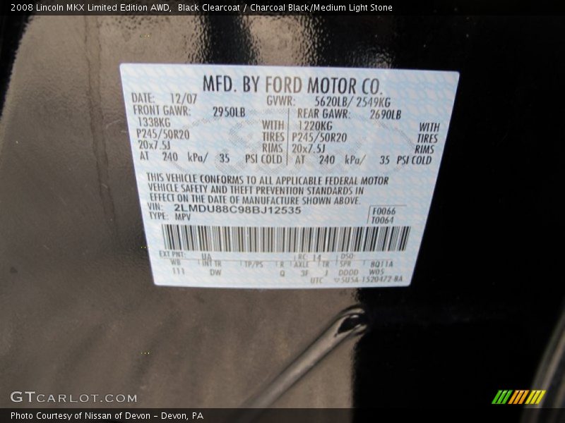 2008 MKX Limited Edition AWD Black Clearcoat Color Code UA