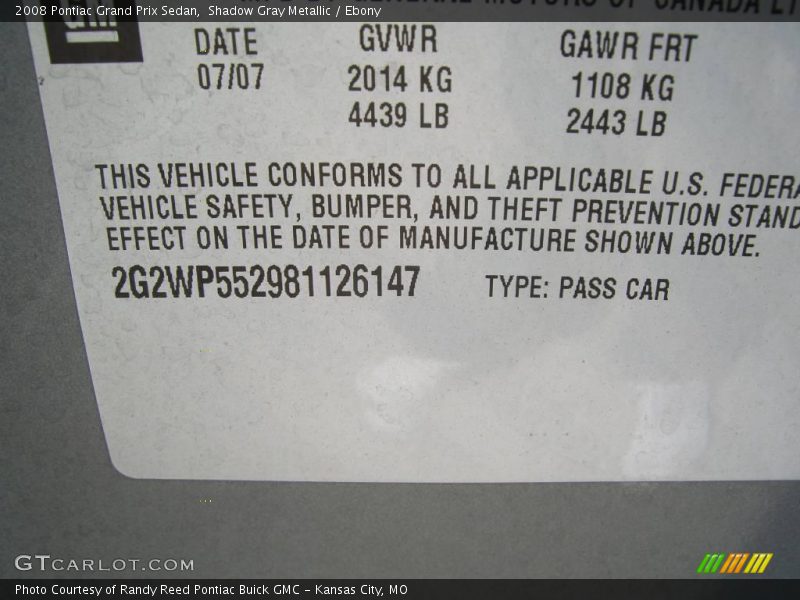 Shadow Gray Metallic / Ebony 2008 Pontiac Grand Prix Sedan