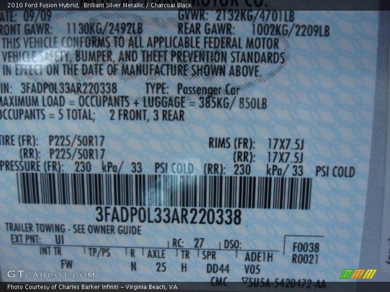 Brilliant Silver Metallic / Charcoal Black 2010 Ford Fusion Hybrid
