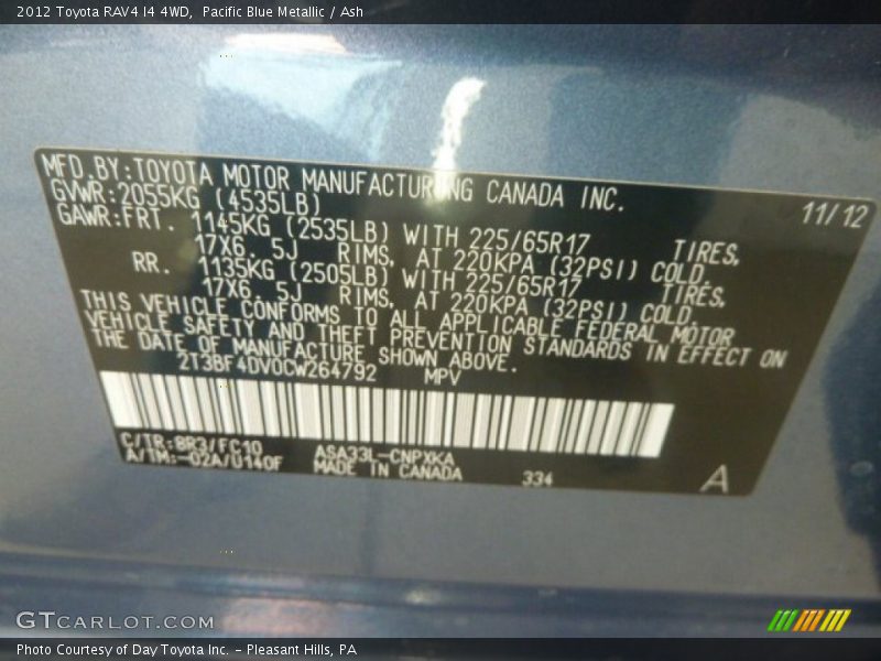 Pacific Blue Metallic / Ash 2012 Toyota RAV4 I4 4WD