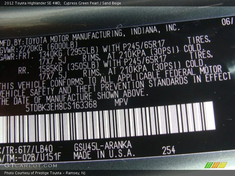 2012 Highlander SE 4WD Cypress Green Pearl Color Code 6T7