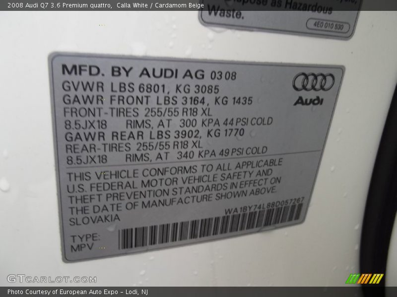 Calla White / Cardamom Beige 2008 Audi Q7 3.6 Premium quattro