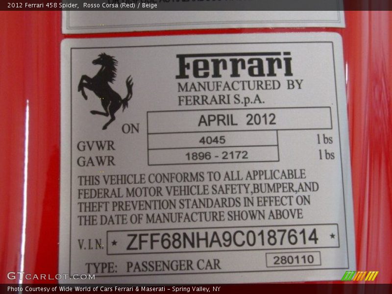 Info Tag of 2012 458 Spider