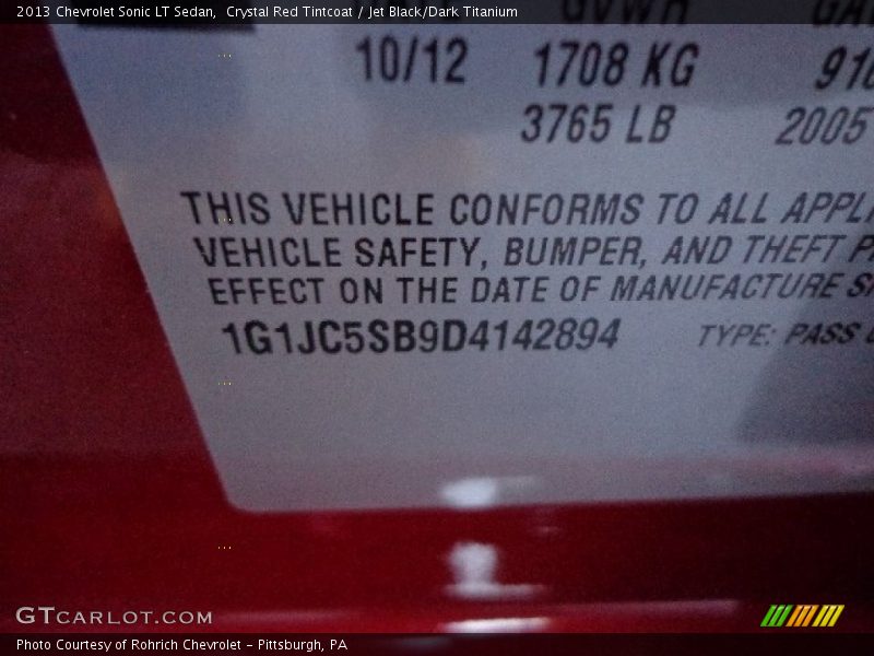 Crystal Red Tintcoat / Jet Black/Dark Titanium 2013 Chevrolet Sonic LT Sedan