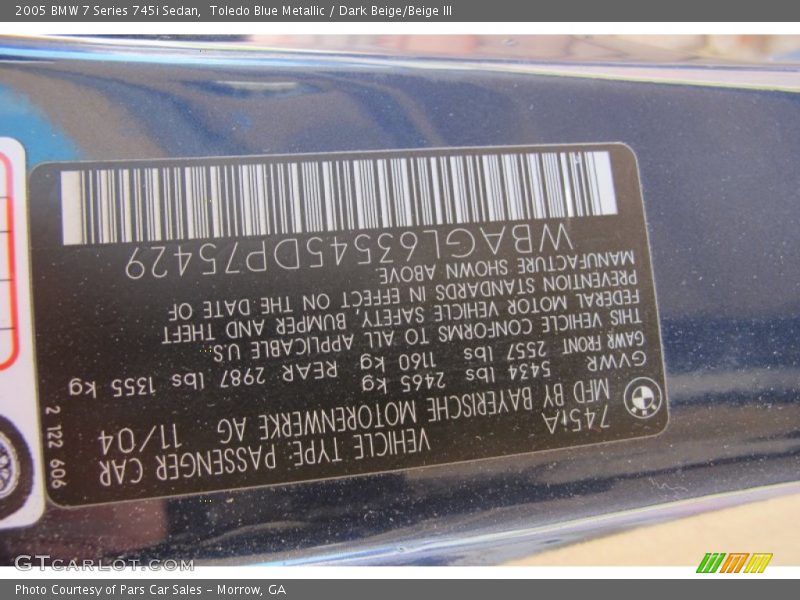 Toledo Blue Metallic / Dark Beige/Beige III 2005 BMW 7 Series 745i Sedan