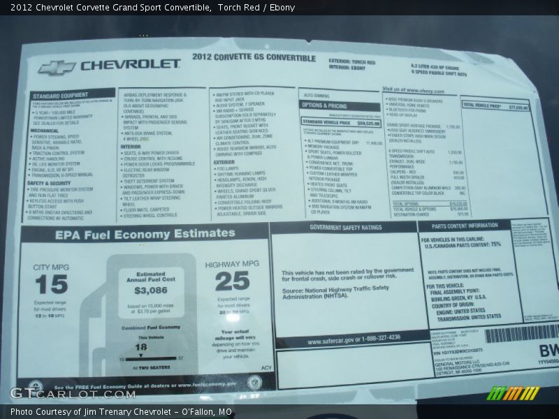  2012 Corvette Grand Sport Convertible Window Sticker