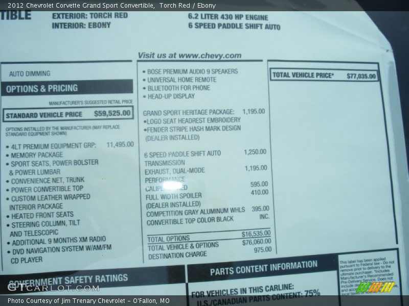  2012 Corvette Grand Sport Convertible Window Sticker