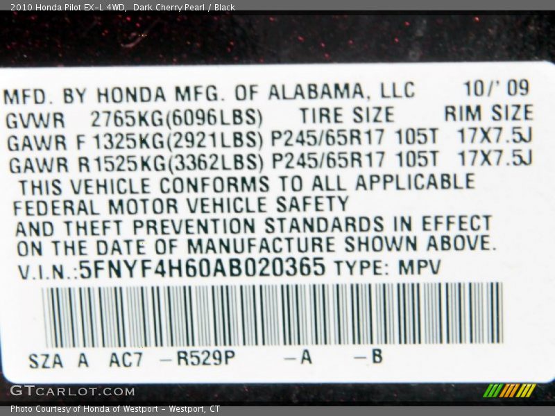 Dark Cherry Pearl / Black 2010 Honda Pilot EX-L 4WD