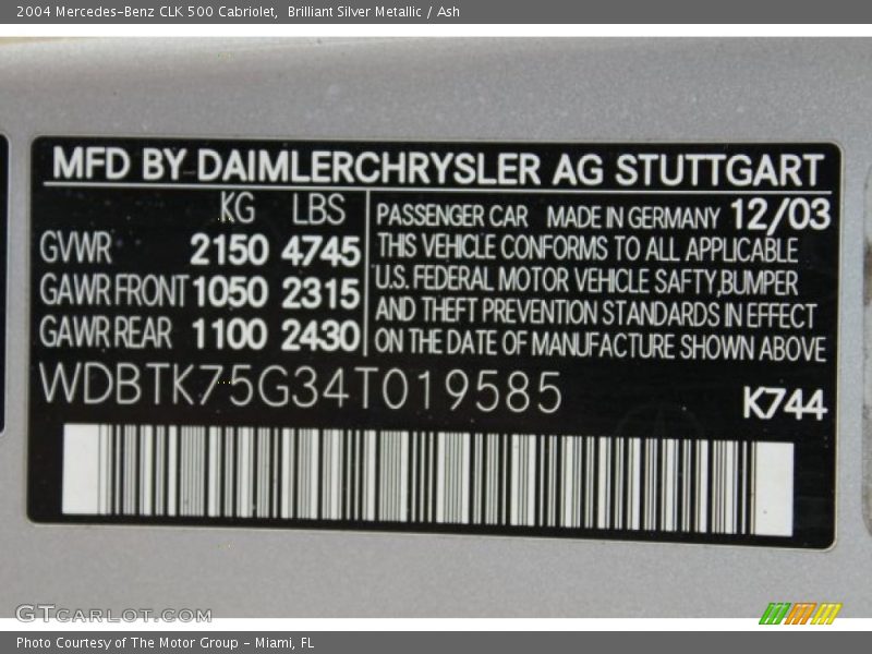 Brilliant Silver Metallic / Ash 2004 Mercedes-Benz CLK 500 Cabriolet