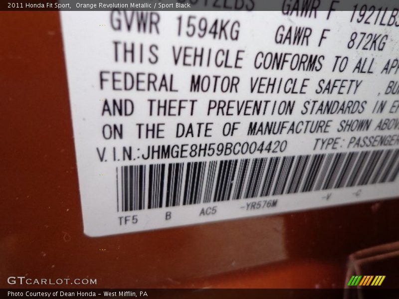 Orange Revolution Metallic / Sport Black 2011 Honda Fit Sport