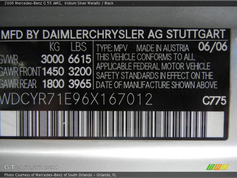 2006 G 55 AMG Iridium Silver Metallic Color Code 775