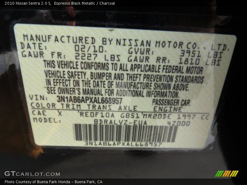 2010 Sentra 2.0 S Espresso Black Metallic Color Code CAE