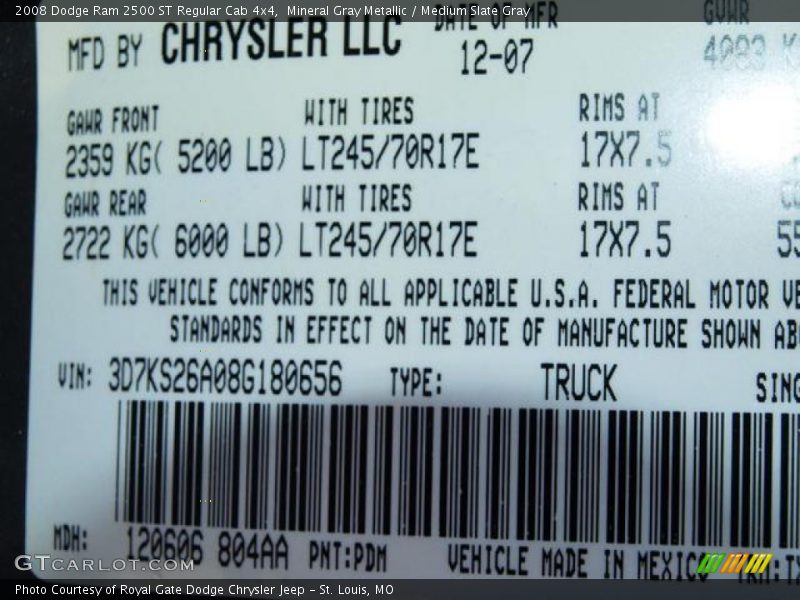 Mineral Gray Metallic / Medium Slate Gray 2008 Dodge Ram 2500 ST Regular Cab 4x4