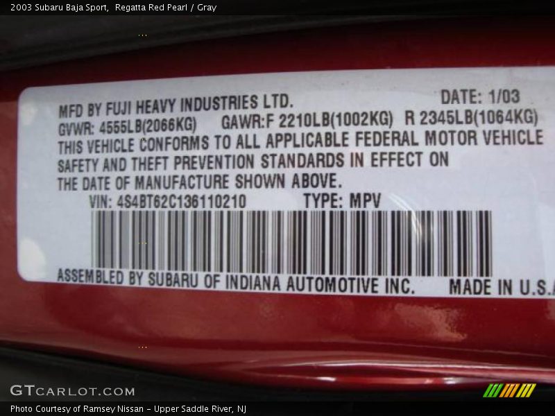 Regatta Red Pearl / Gray 2003 Subaru Baja Sport