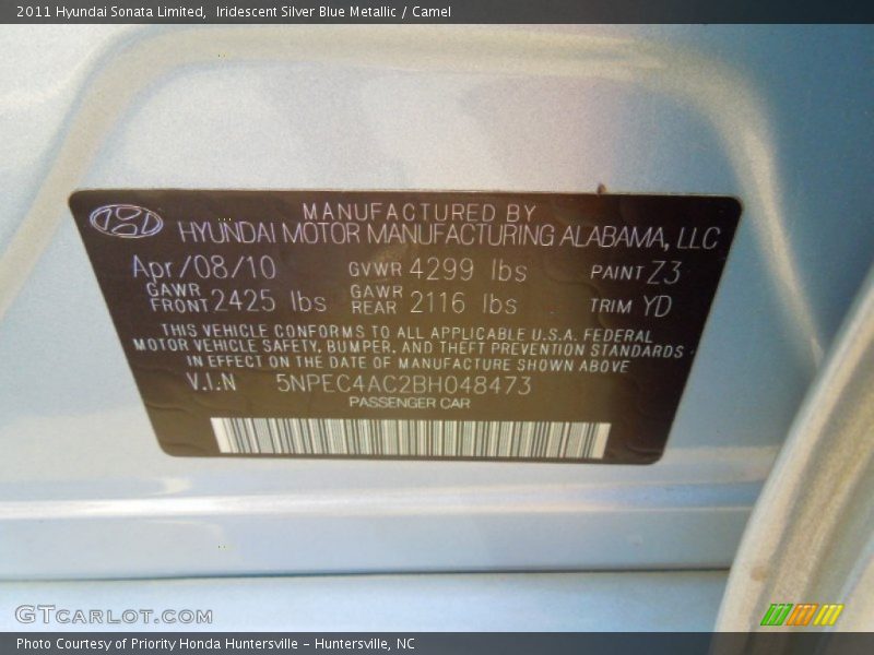 Iridescent Silver Blue Metallic / Camel 2011 Hyundai Sonata Limited