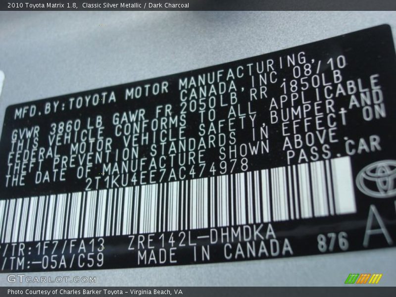 Classic Silver Metallic / Dark Charcoal 2010 Toyota Matrix 1.8